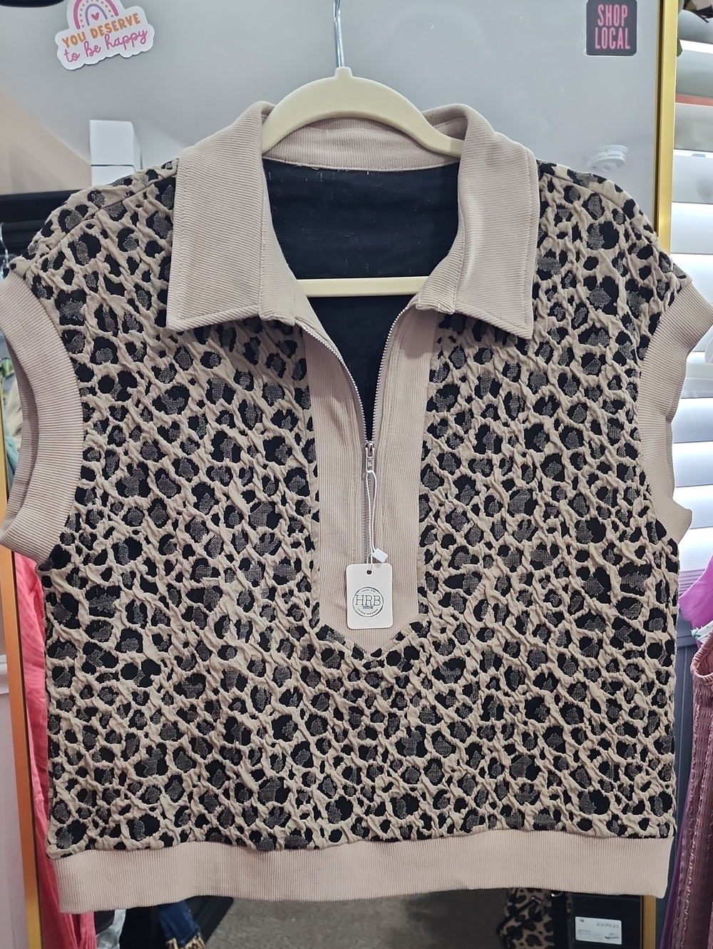 Beige Leopard Print Short Sleeve Polo Top